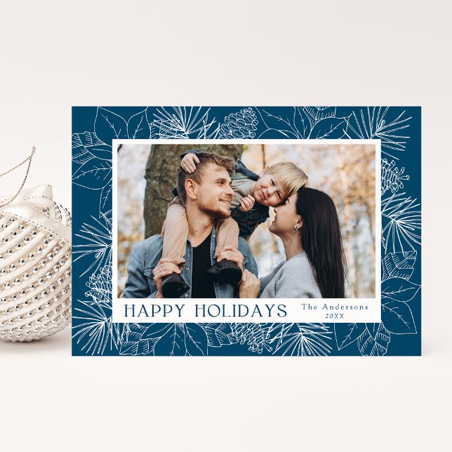 Elegant Poinsettias and Pinecones Blue Photo Holiday Card (Creator Uploaded)