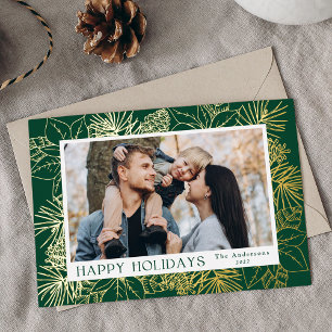 Elegant Poinsettias and Pinecones Green Photo Foil Holiday Card