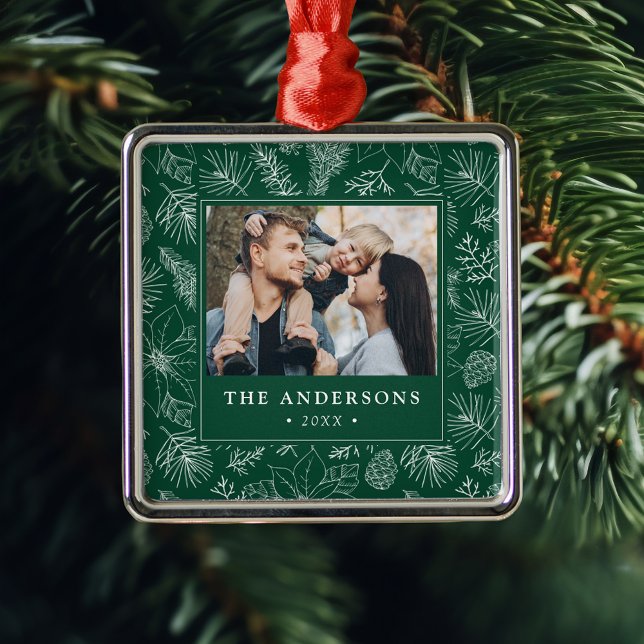 Elegant Poinsettias and Pinecones Green Photo Metal Ornament (Creator Uploaded)