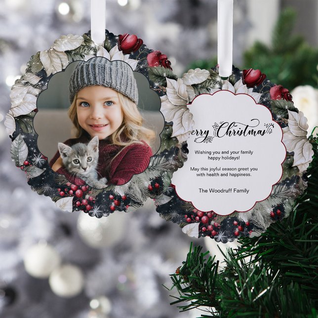Elegant Poinsettias and Roses Photo Ornament Card (Creator Uploaded)