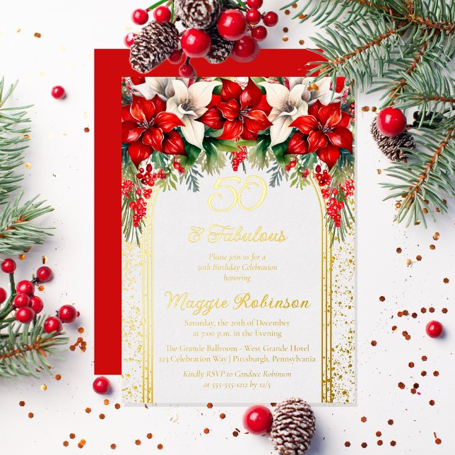 Elegant Poinsettias Floral 50th Birthday Party (Elegant Red and White Poinsettias Holiday "50 and Fabulous" Birthday Party Gold Foil Invitation)
