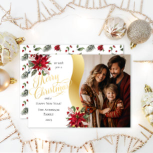 Elegant Poinsettias Photo Merry Christmas Script Holiday Card