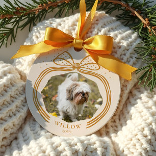 Elegant Polka Dot Christmas Bow Photo Keepsake Ceramic Ornament
