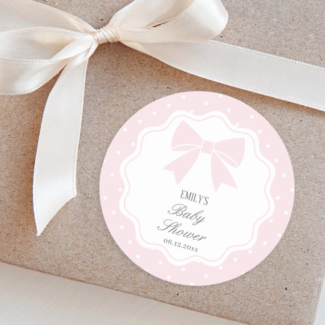 Elegant Polka Dots Baby Pink Bow Baby Girl Shower Classic Round Sticker (Creator Uploaded)