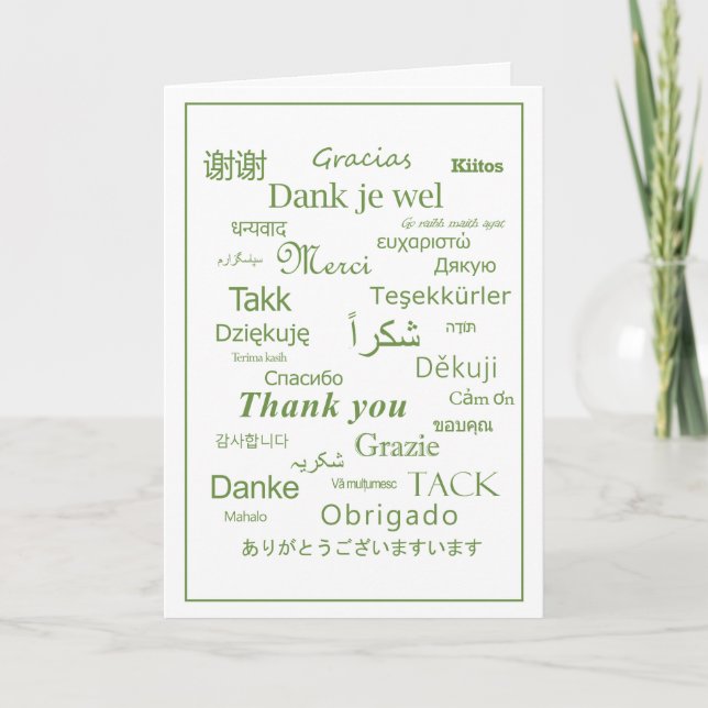 Elegant Polyglot "Thank You" Expression, Green Thank You Card (Front)