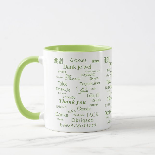 Elegant Polyglot "Thank You" Green Typography Mug (Left)