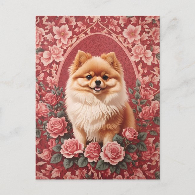 Elegant Pomeranian Dog William Morris Inspired  Postcard (Front)