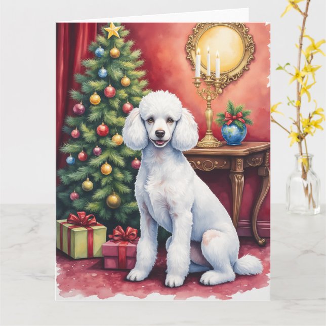 Elegant Poodle Beside Christmas Tree Holiday Dog  Card (Yellow Flower)