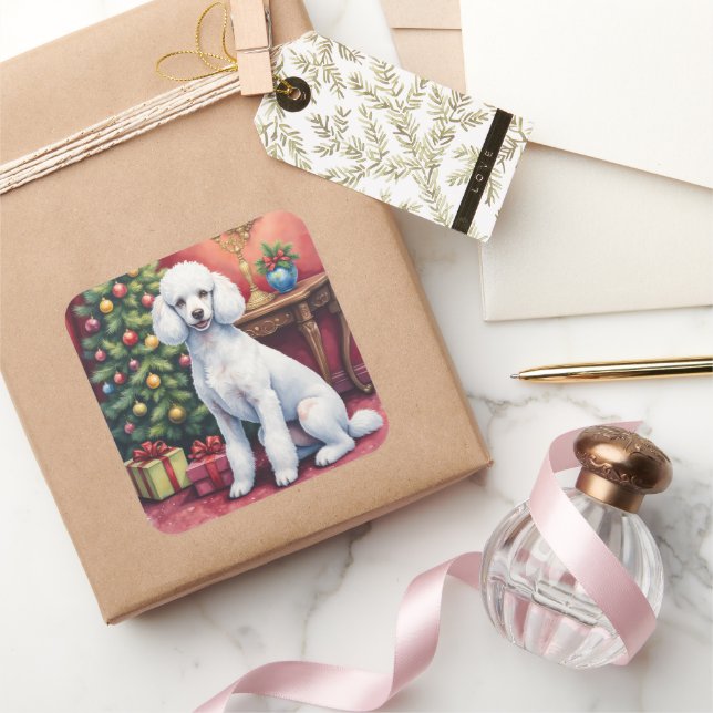 Elegant Poodle Beside Christmas Tree Holiday Dog  Square Sticker (Gifting)