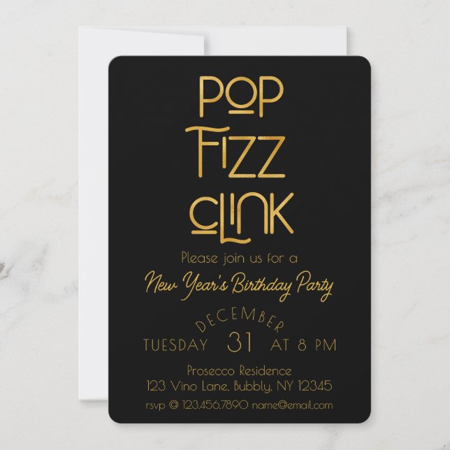 Elegant Pop Fizz Clink New Year's Birthday Party Invitation (Front)