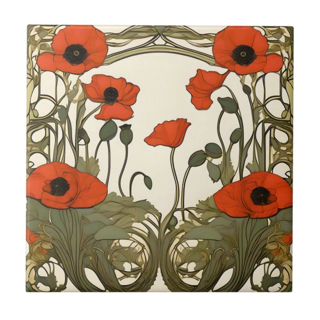 Elegant  Poppies Art Nouveau Tile (Front)