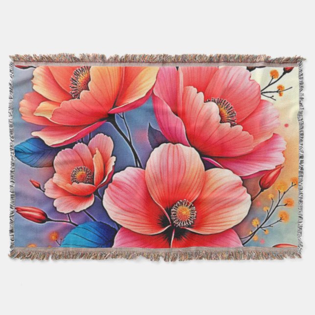 Elegant Poppies: Radiant Nature Art Throw Blanket (Front)