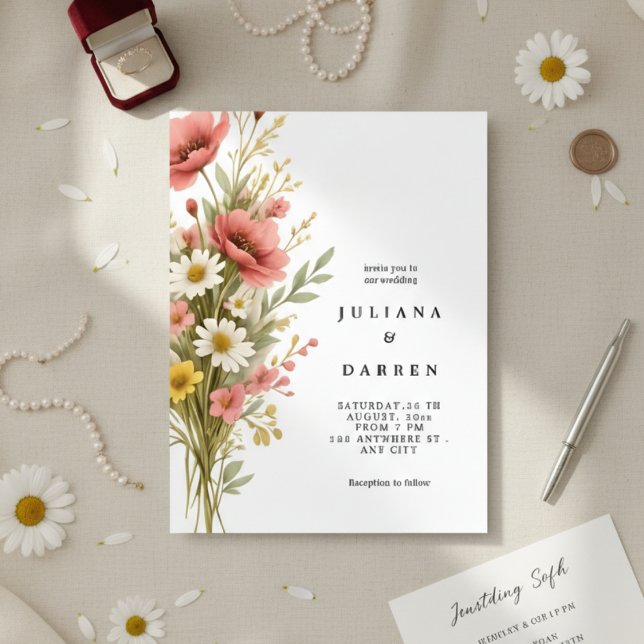 Elegant Poppy Daisy Bouquet Rustic Floral Wedding  Invitation (Creator Uploaded)