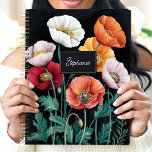 Elegant Poppy Floral Custom Name Planner<br><div class="desc">This stunning design features a beautiful arrangement of poppy flowers in shades of red, orange, pink, and white, set against a dramatic black background. The delicate foliage and elegant nameplate add a personalized touch, perfect for professionals, students, or anyone who loves timeless floral art. Ideal for organizing tasks, journalling, or...</div>