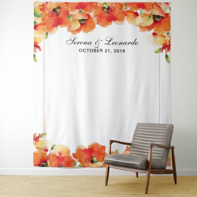 Elegant Poppy Floral Wedding Photo Booth Backdrop Tapestry (In Situ)