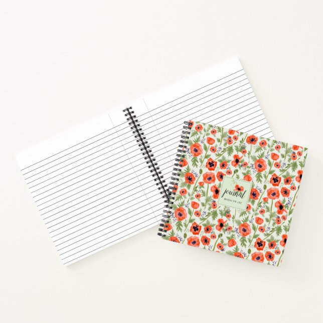 Elegant Poppy Watercolor Floral Pattern With Name Notebook (Inside)