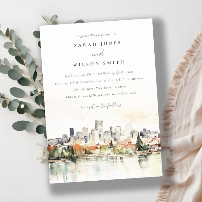 Elegant Portland Oregon Skyline Watercolor Wedding Invitation (Creator Uploaded)