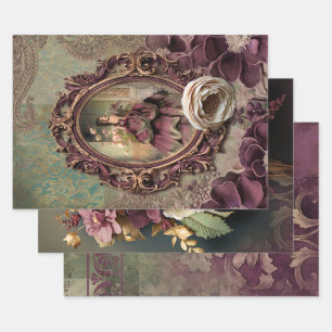 Élégant Portrait Lady, papier floral et Demask