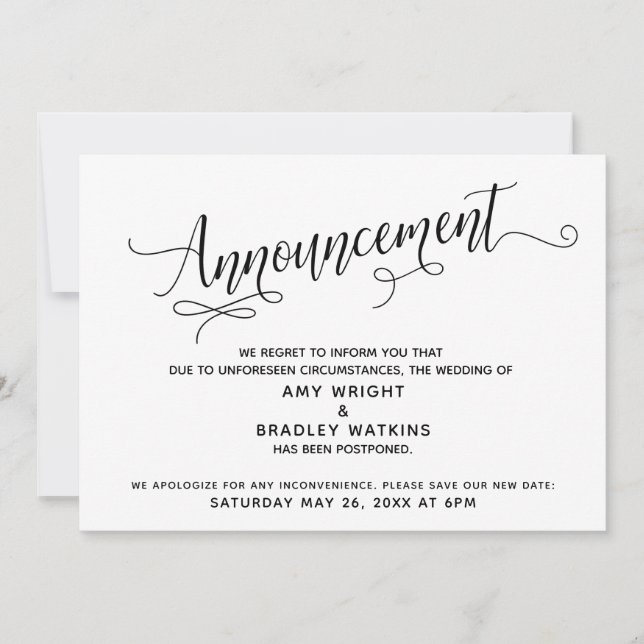 Elegant Postponed Wedding Announcement Card (Front)