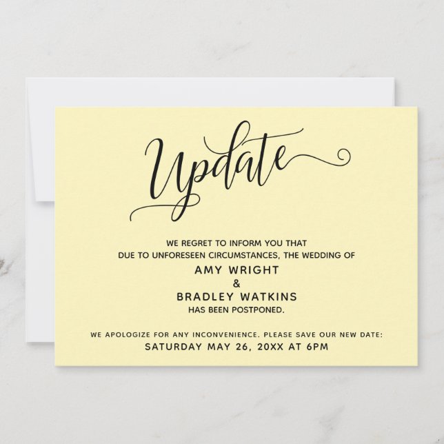 Elegant Postponed Wedding Announcement Pale Yellow (Front)