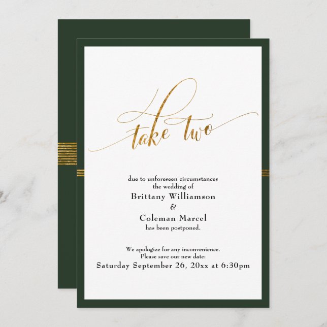 Elegant Postponed Wedding Green & Gold Stripe Card (Front/Back)