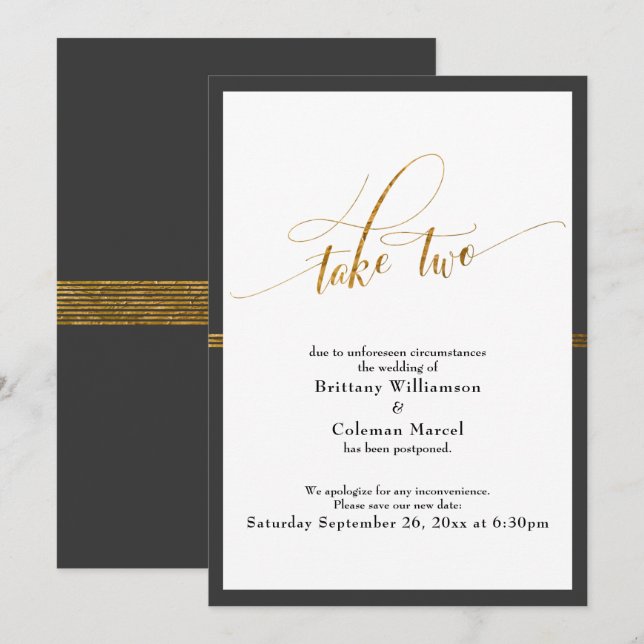 Elegant Postponed Wedding Grey & Gold Stripe Card (Front/Back)