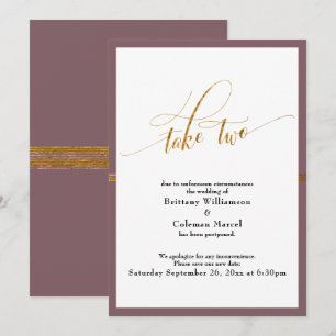 Elegant Postponed Wedding Mauve & Gold Stripe Card