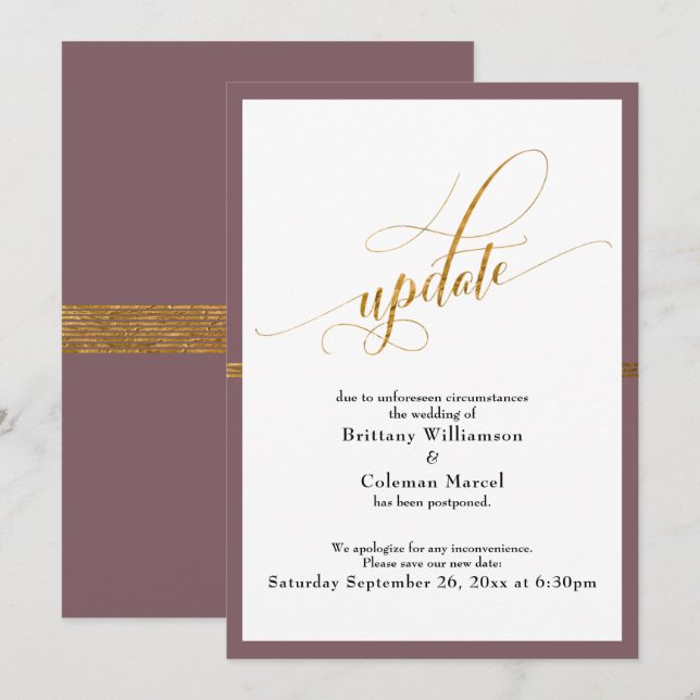 Elegant Postponed Wedding Mauve Gold Stripe Card (Front/Back)