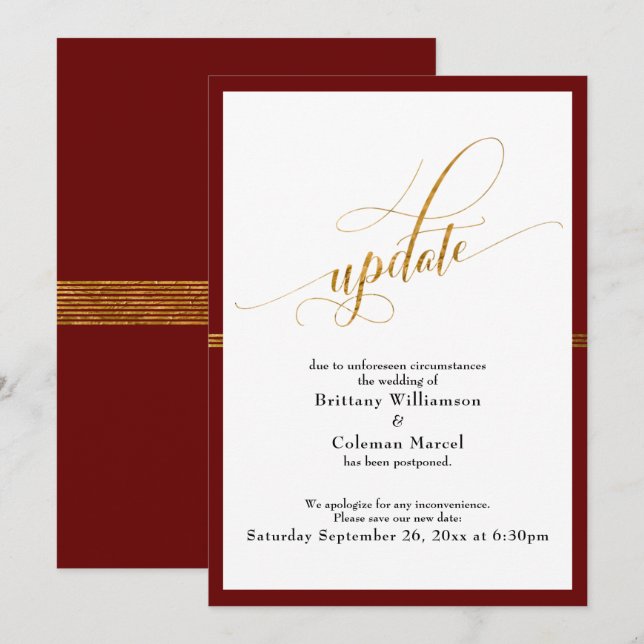 Elegant Postponed Wedding Red Gold Stripe Card (Front/Back)