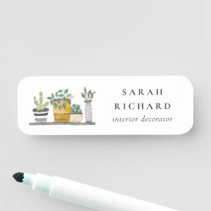 Elegant Potted House Plants Watercolor Botanical  Name Tag