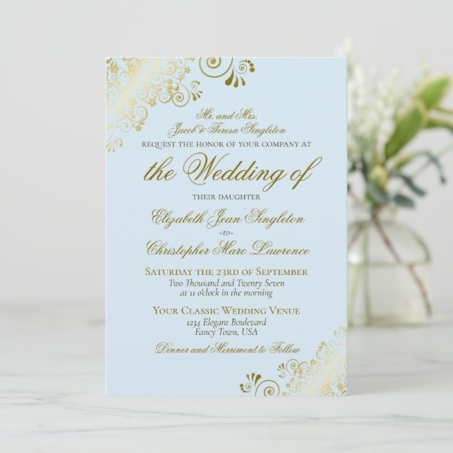 Elegant Powder Blue & Gold Classic Formal Wedding Invitation (Standing Front)