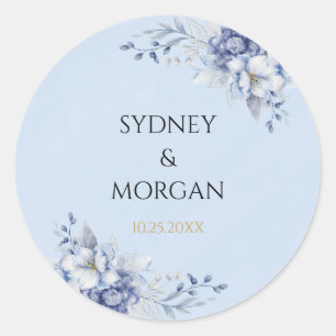 Elegant Powder Blue & Gold Floral Design Wedding  Classic Round Sticker