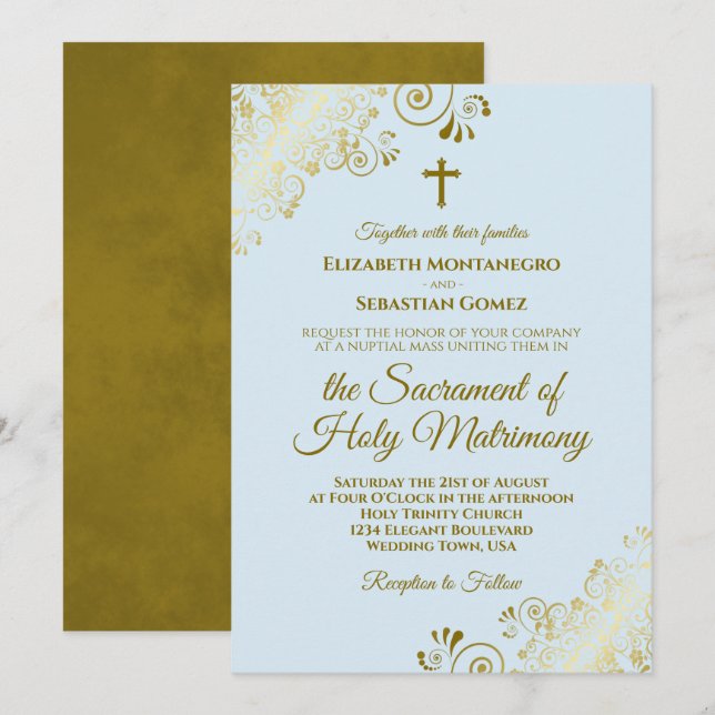 Elegant Powder Blue & Gold Modern Catholic Wedding Invitation (Front/Back)