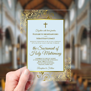 Elegant Powder Blue & Gold Ornate Catholic Wedding Acrylic Invitations