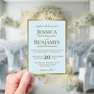 Elegant Powder Blue & Gold Stylish Text Wedding Acrylic Invitations