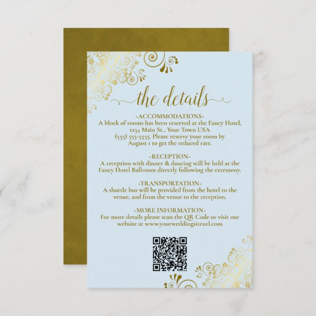Elegant Powder Blue & Gold Wedding QR Code Details Enclosure Card (Front/Back)