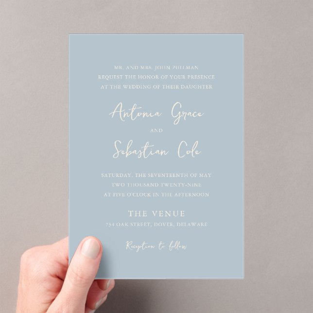 Elegant Powder Blue Modern Wedding Acrylic Invitations (Insitu (Handheld))