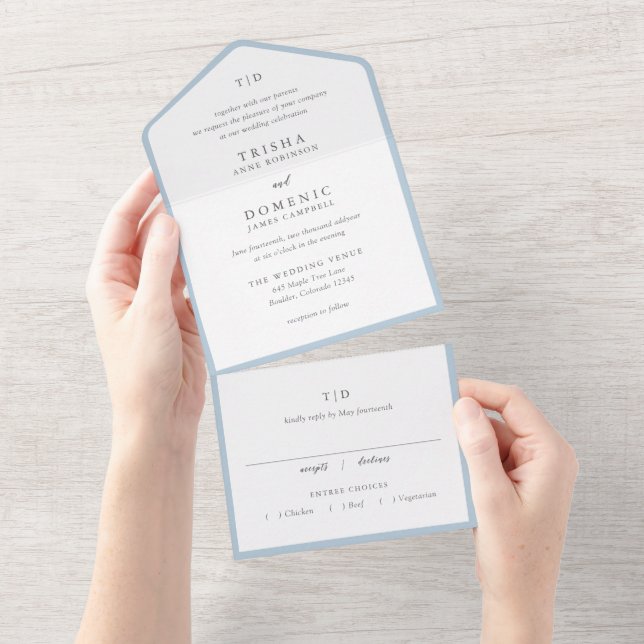 Elegant Powder Blue Monogram Modern Wedding All In One Invitation (Tearaway)