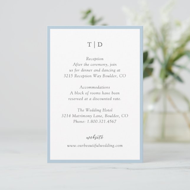 Elegant Powder Blue Monogram Modern Wedding Enclosure Card (Standing Front)