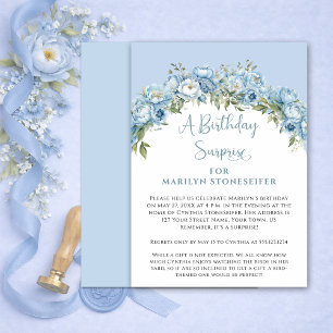 Elegant Powder Blue Peony Floral Birthday Surprise Invitation
