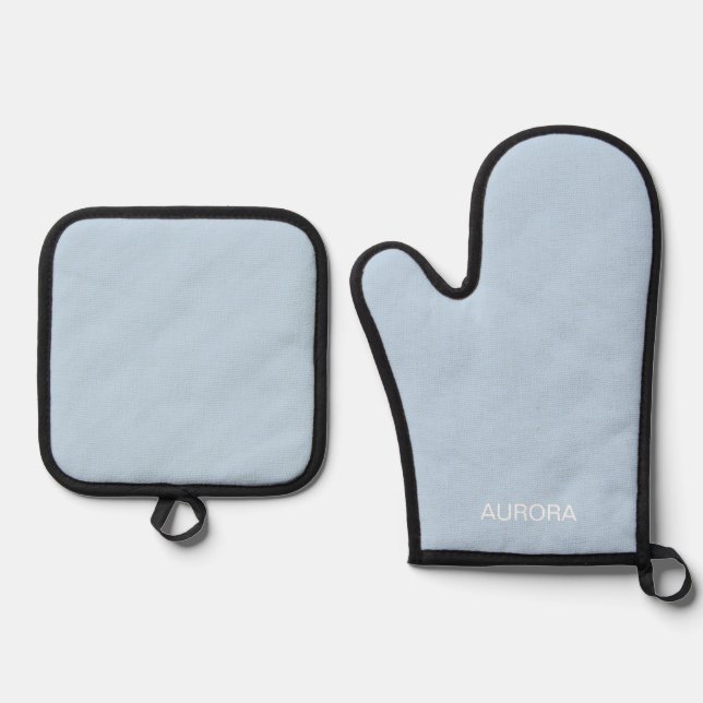Elegant Powder Blue Personalized Name -  Oven Mitt & Pot Holder Set (Front)