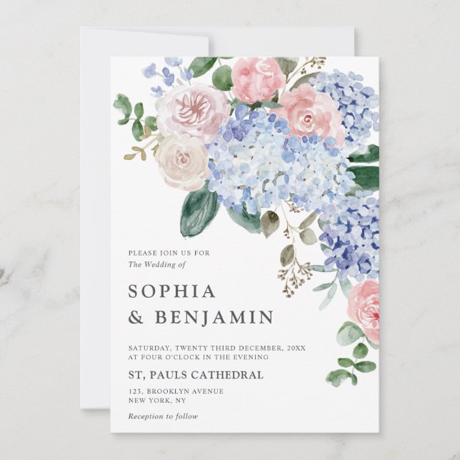 Elegant Powder Blue Pink Hydrangea Formal Wedding Invitation (Front)