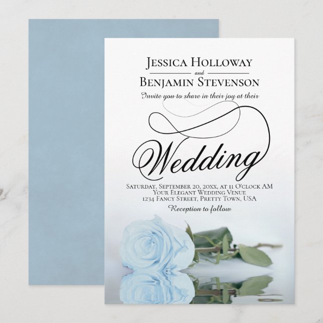 Elegant Powder Blue Rose Classy Script Wedding Invitation (Front/Back)