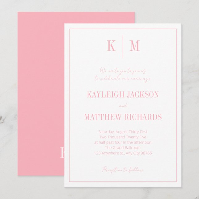 Elegant Powder Pink Monogram Wedding  Invitation (Front/Back)