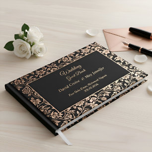 Elegant Premium Black Floral Rose Gold Wedding  Guest Book