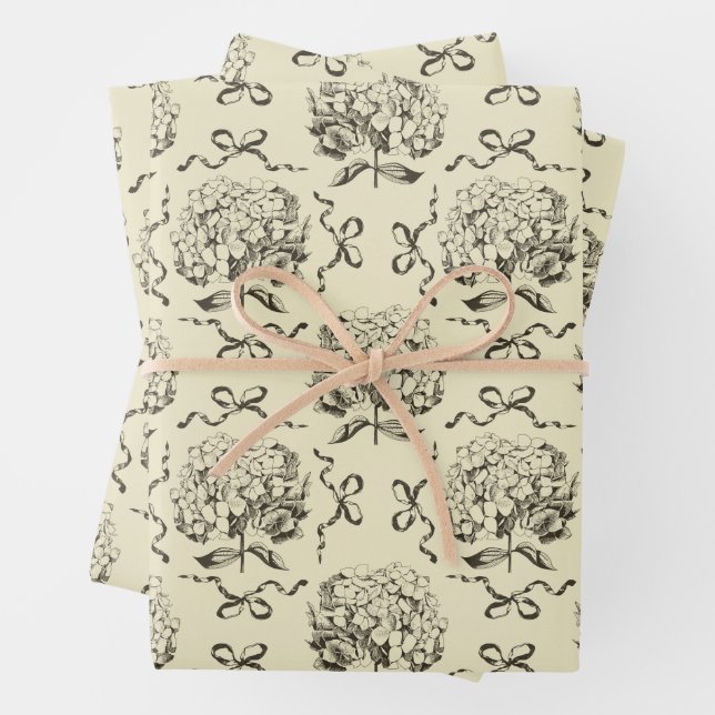 Elegant Preppy Beige Hydrangea Bow Toile Pattern Wrapping Paper Sheet (In situ)