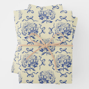 Elegant Preppy Blue Beige Hydrangea Bow Pattern Wrapping Paper Sheet