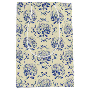 Elegant Preppy Blue Toile Hydrangea Bow Pattern Medium Gift Bag
