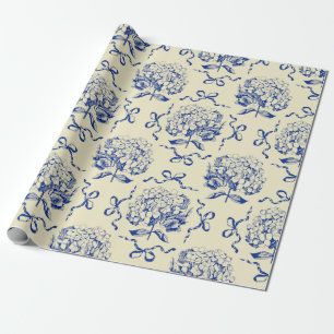 Elegant Preppy Blue Toile Hydrangea Bow Pattern Wrapping Paper