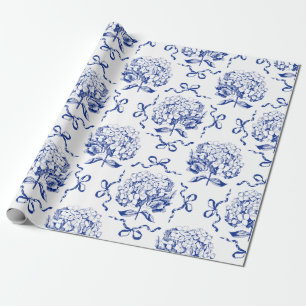 Elegant Preppy Blue Toile Hydrangea Bow Pattern Wrapping Paper